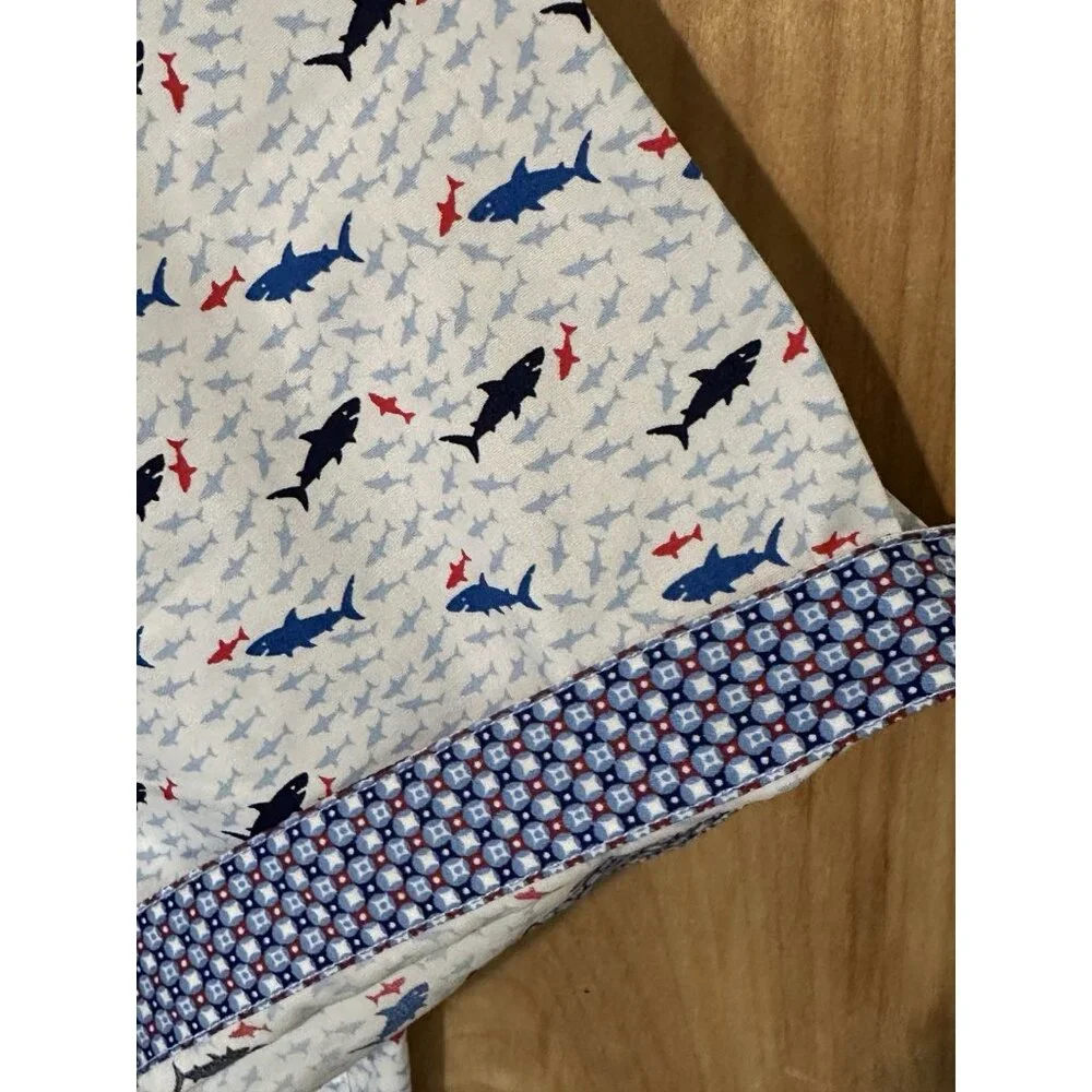 Johnston Murphy Men’s Large Shirt White Blue Geometric Shark Print Short Sleeve - Picture 5 of 11